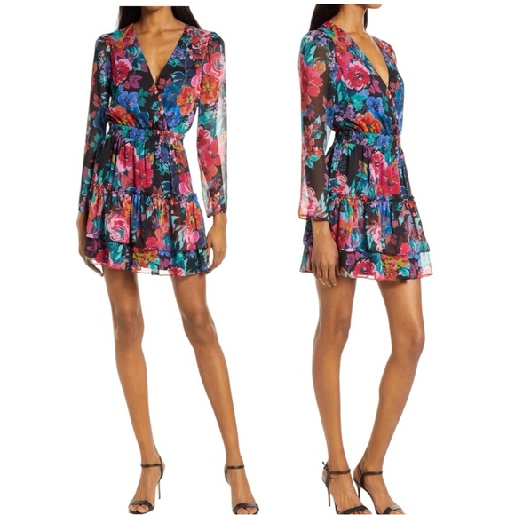 CHARLES HENRY PRINT LONG SLEEVE RUFFLE FIT & FLARE MINIDRESS DRESS SZ M - Picture 8 of 11
